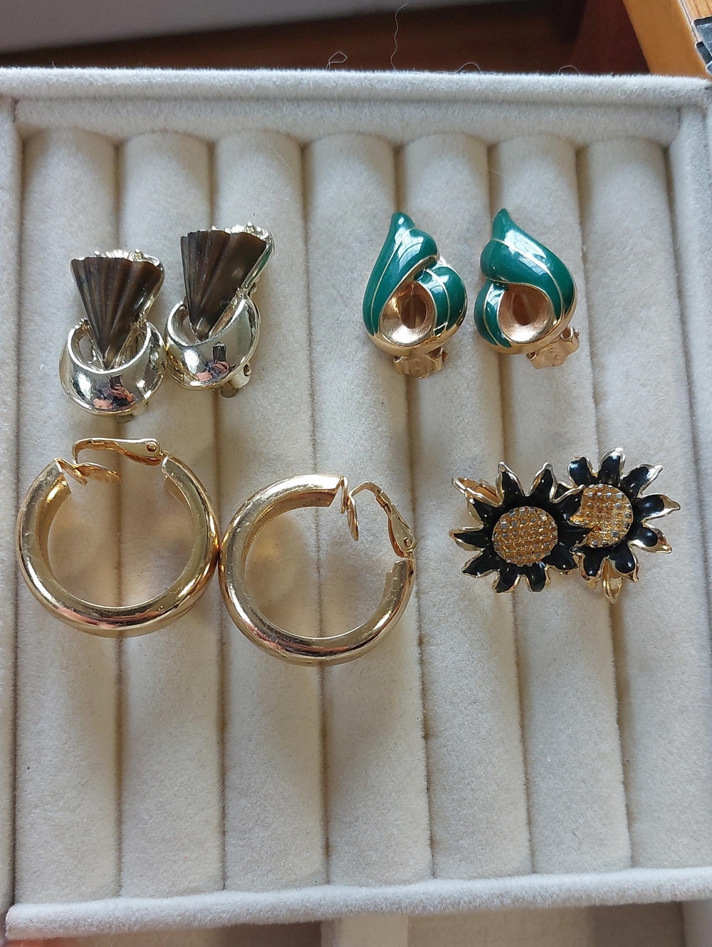 Vintage Clip On Earrings Statement Lot 4 Pairs Gold Tone Enamel Retro